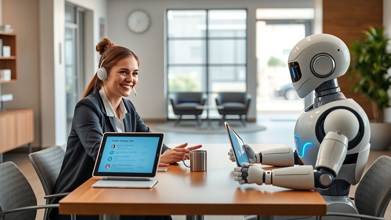 AI robot and agent scheduling appointments together in office