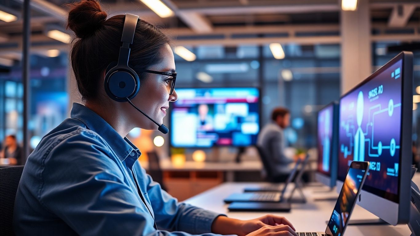 AI agent answering customer call in a modern office