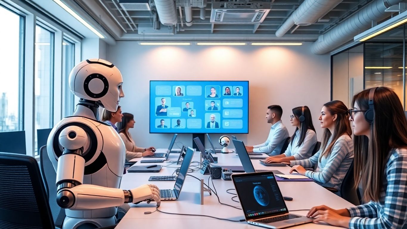 AI robot assisting people in modern office setting