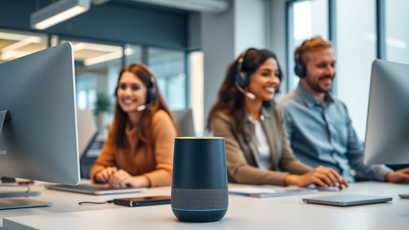 AI assistant device on desk in busy support office
