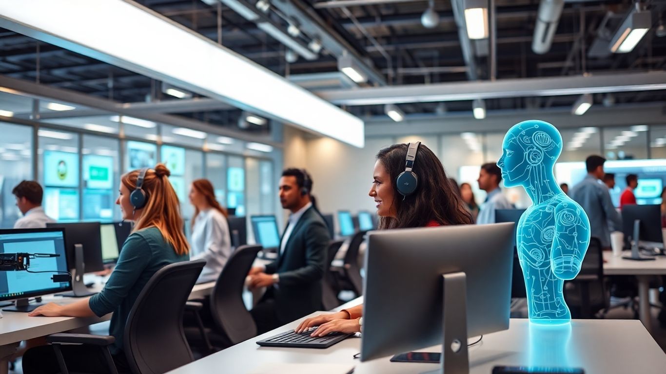 Customer support agents collaborating with AI holograms in office