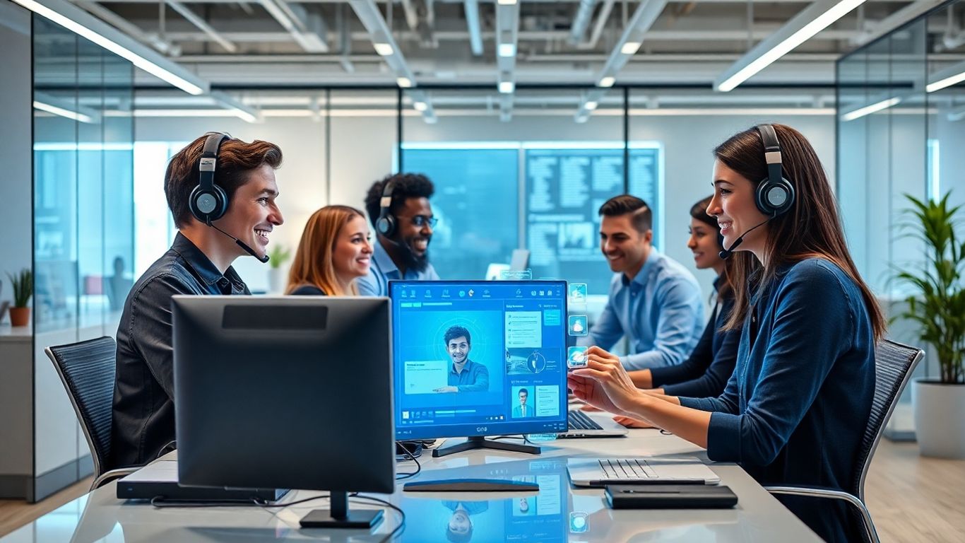 Team using AI headsets and futuristic computers in office