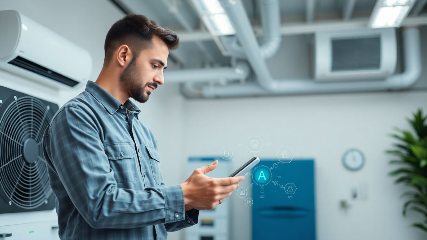 HVAC technician using AI device in modern office