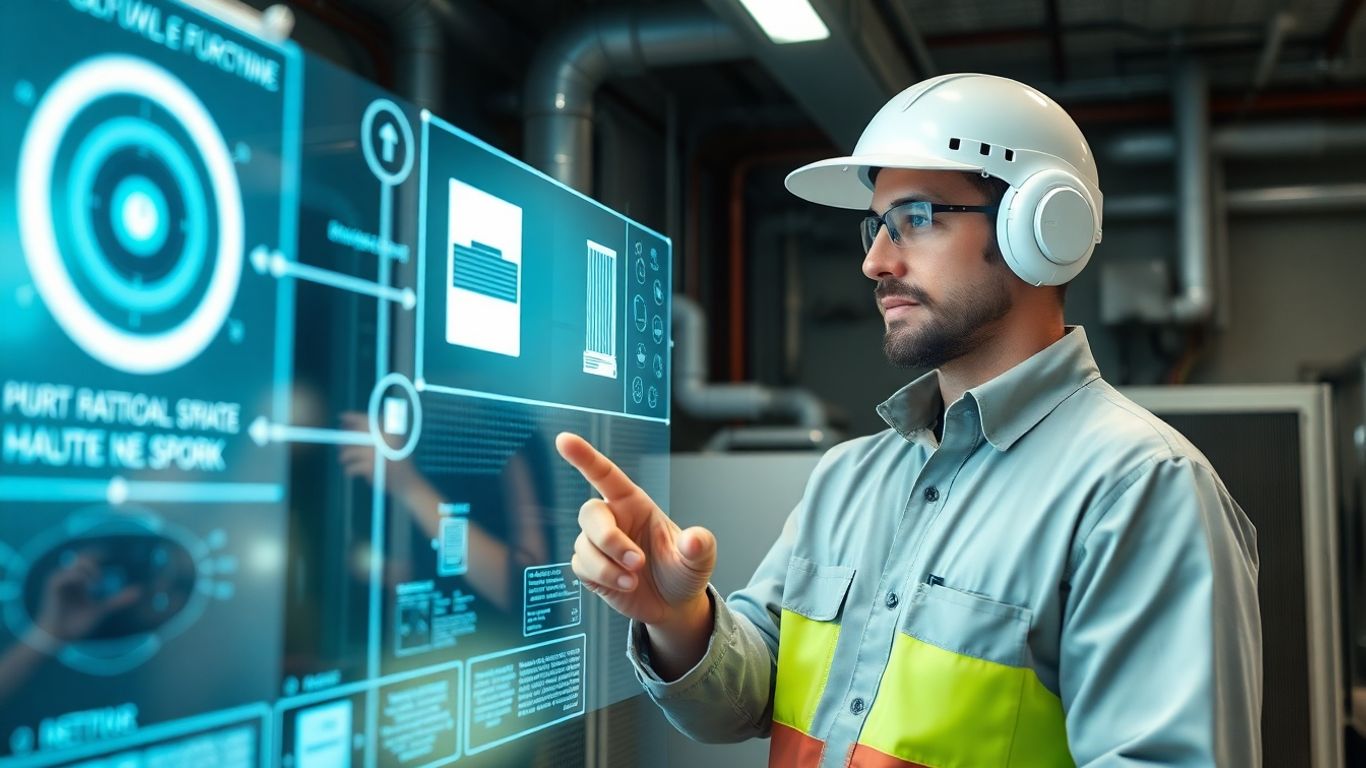 HVAC technician using AI touchscreen near equipment