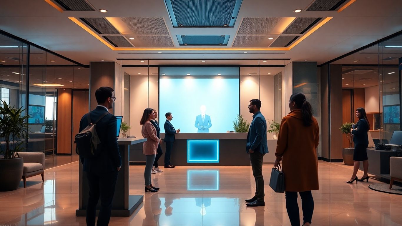 AI hologram greets visitors in a modern office lobby.