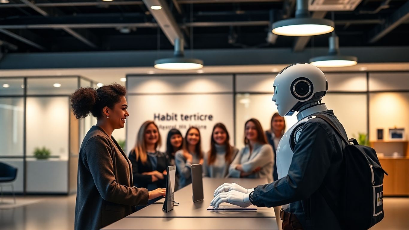 Humanoid robot receptionist greeting office visitors at night