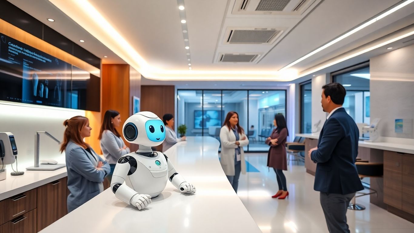 AI robot receptionist assisting dental patients in a modern office