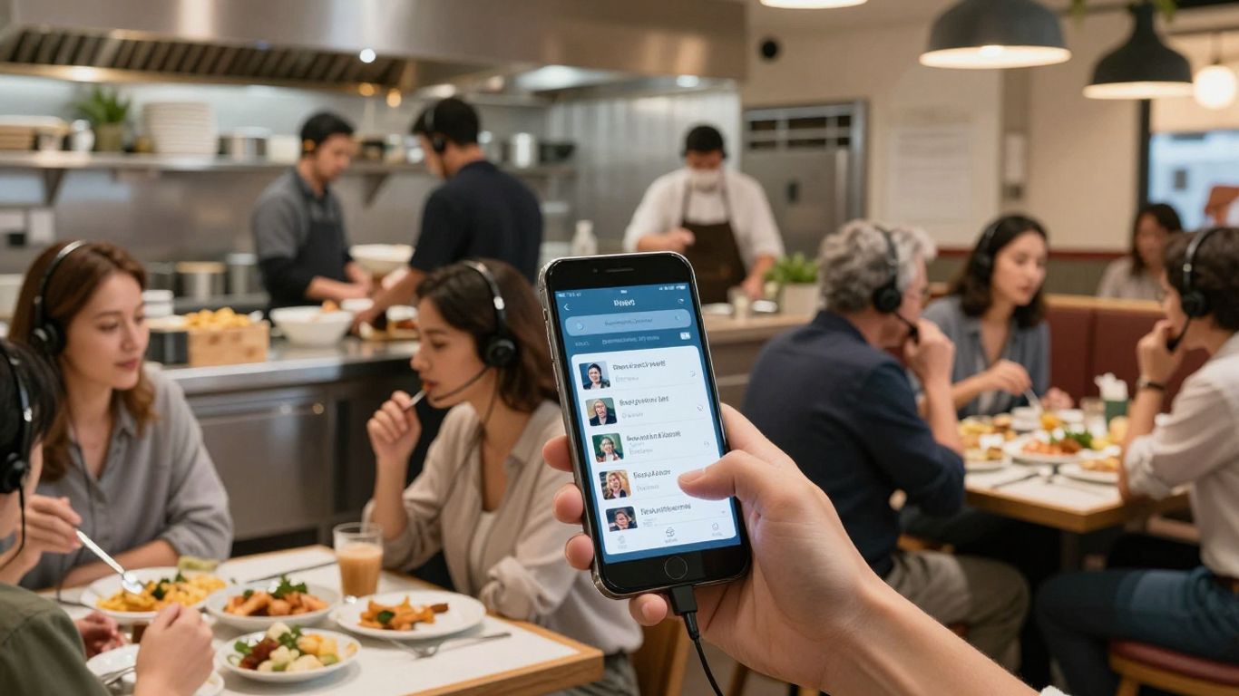 Busy restaurant staff handling multiple AI-driven phone calls