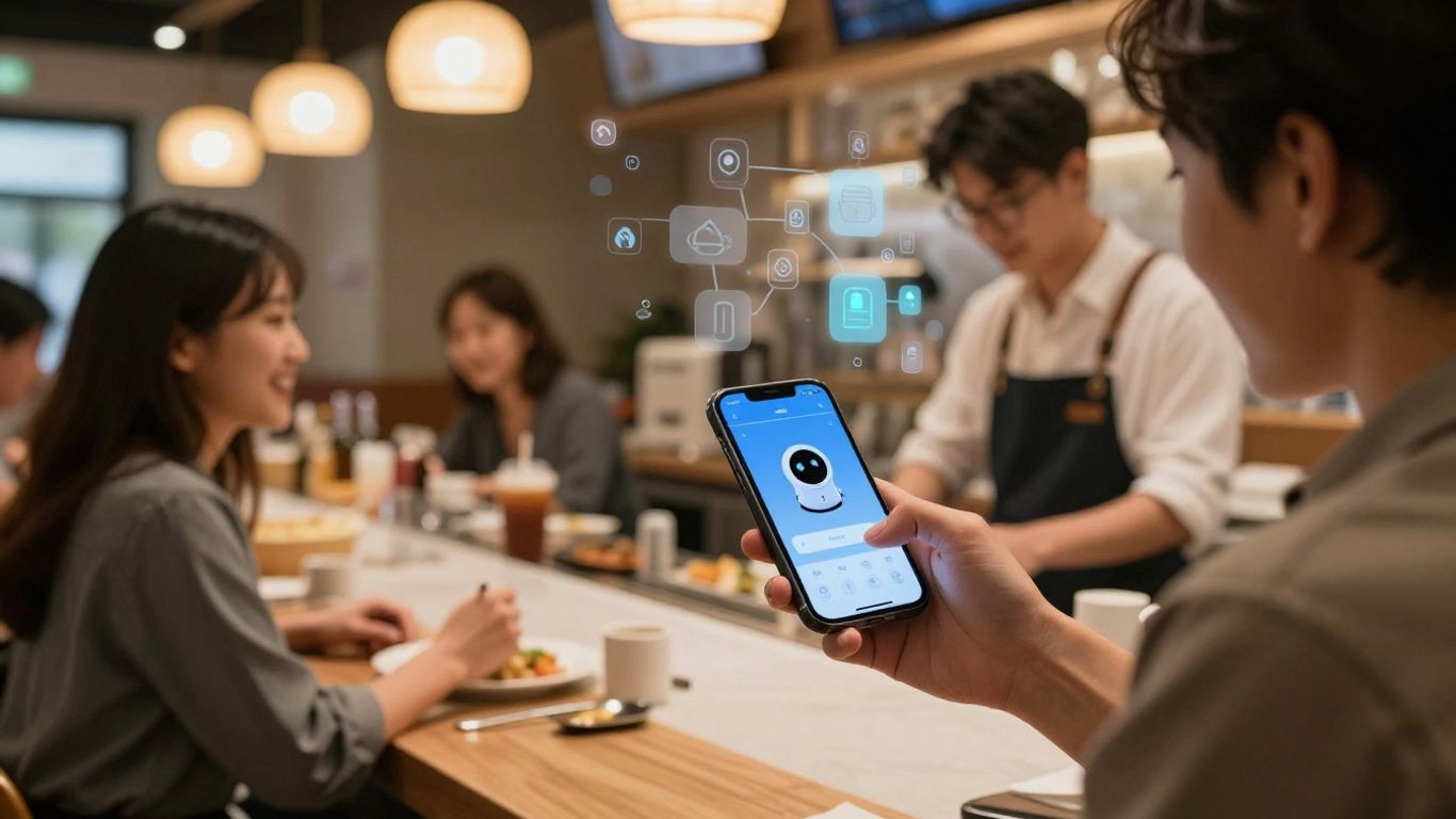 Restaurant employee using AI phone ordering system
