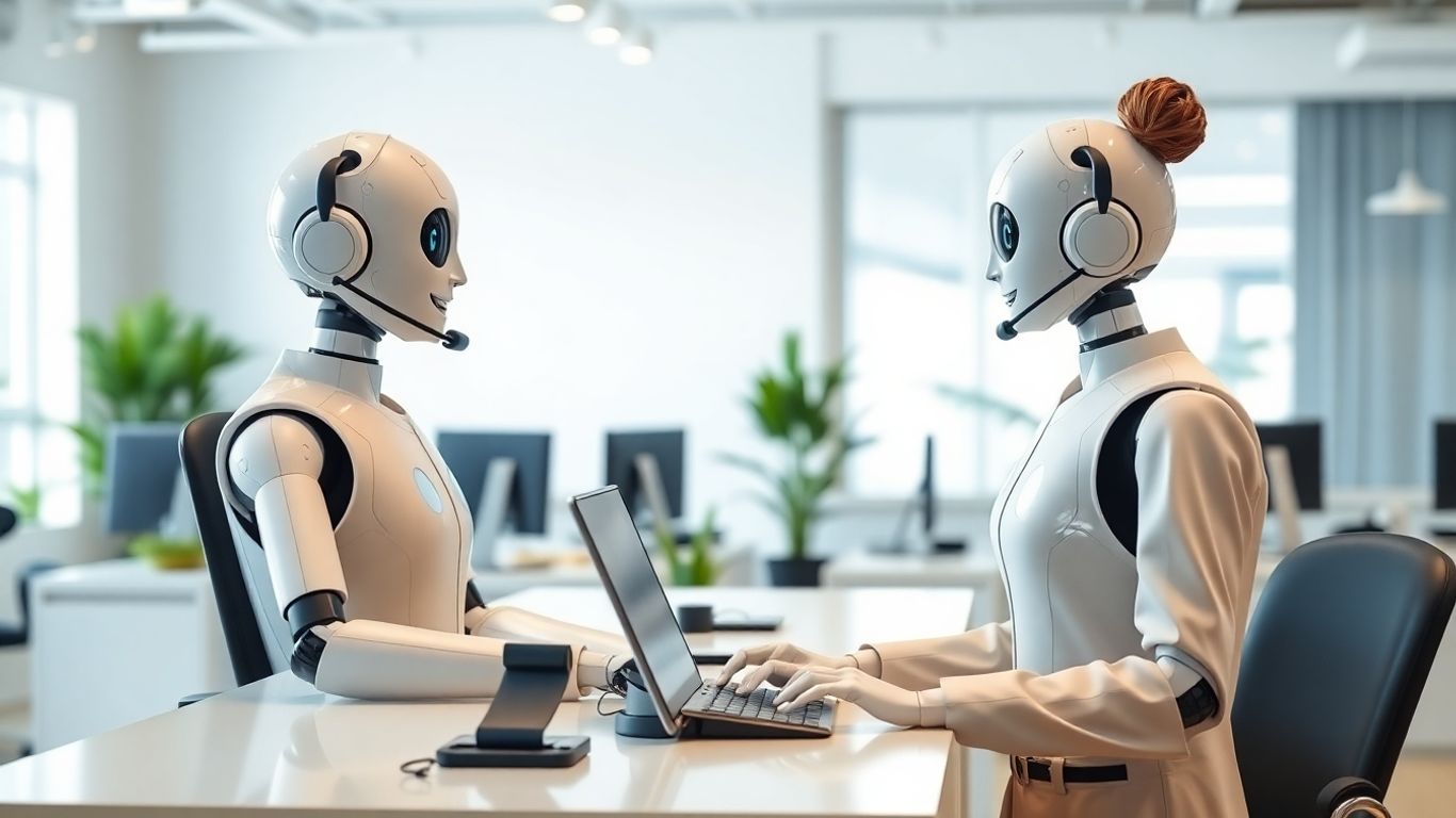 AI robot receptionist assists customer at modern office desk