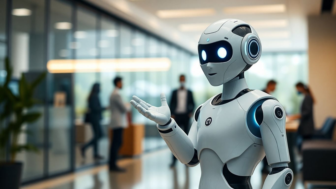 AI robot receptionist in a modern office lobby.