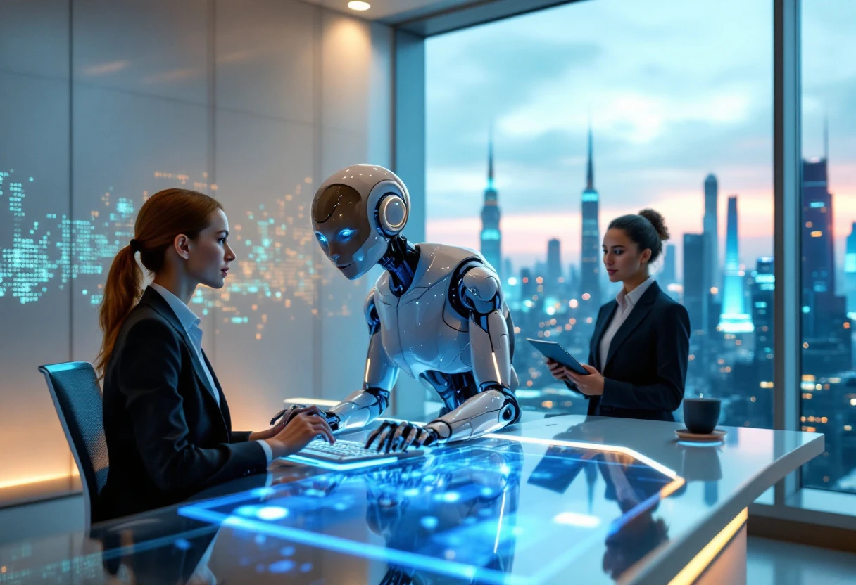A futuristic office environment with an AI receptionist interacting with a customer, showcasing technology in a welcoming atmosphere.