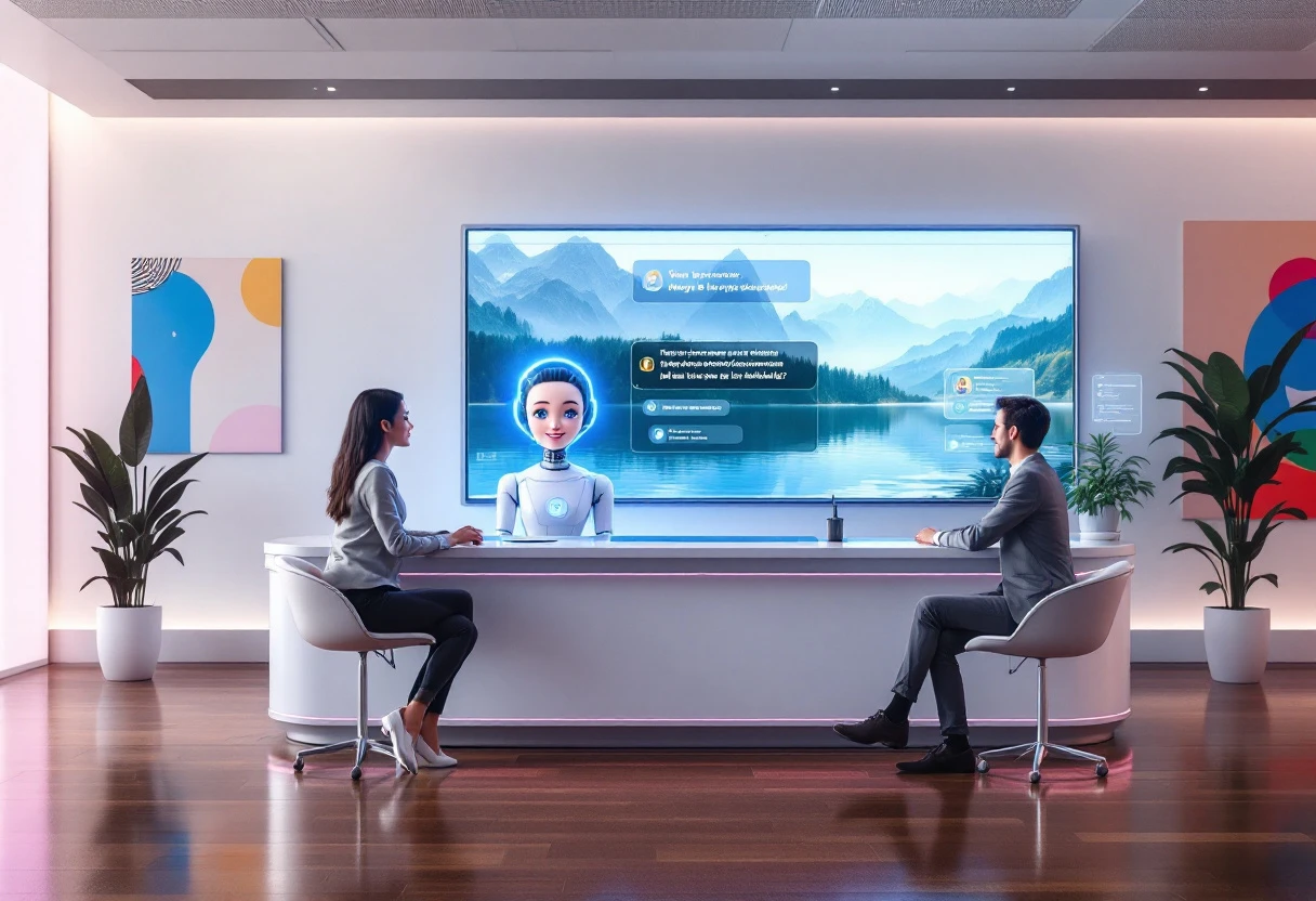 A modern office environment featuring a friendly AI receptionist interface engaging with customers on a digital screen, showcasing personalized branding.