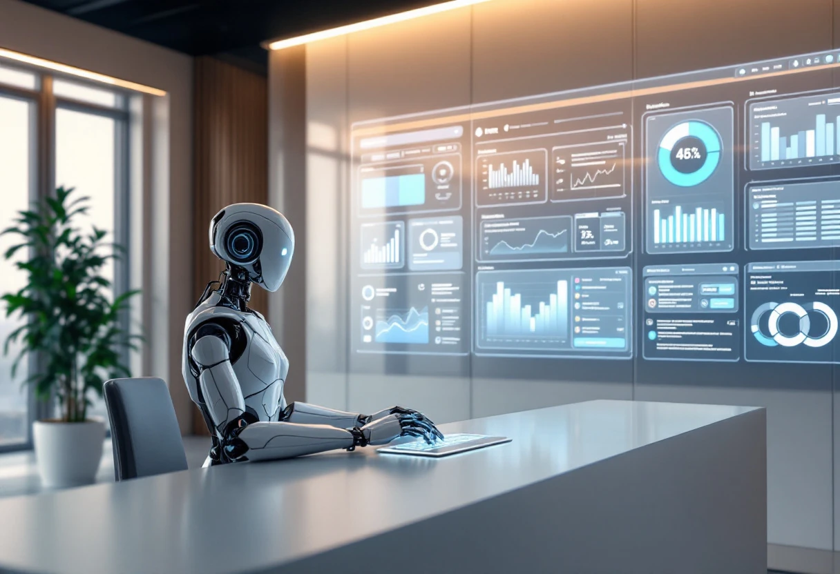 Image of a modern office setting with an AI receptionist technology interface displayed on a sleek computer screen, showcasing performance analytics and customer interactions.