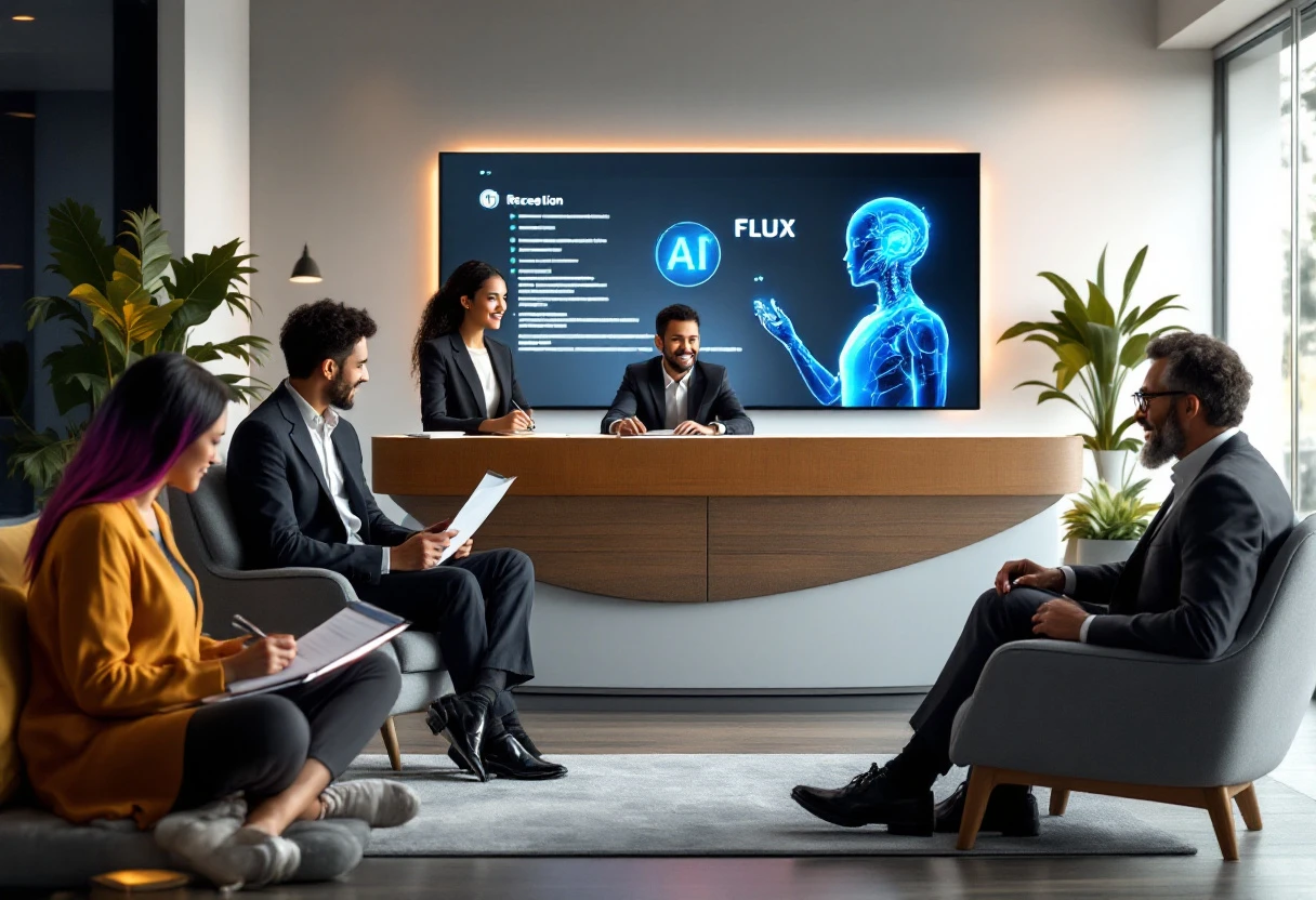 An illustration showing a diverse team of professionals working alongside an AI receptionist, highlighting collaboration and technology.