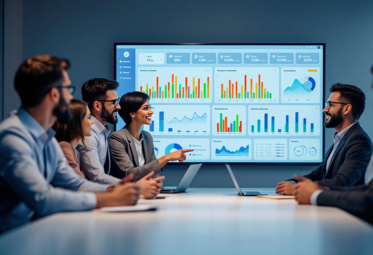 A business team gathered around a computer screen with an analytics dashboard displaying metrics, showcasing an AI receptionist's performance.