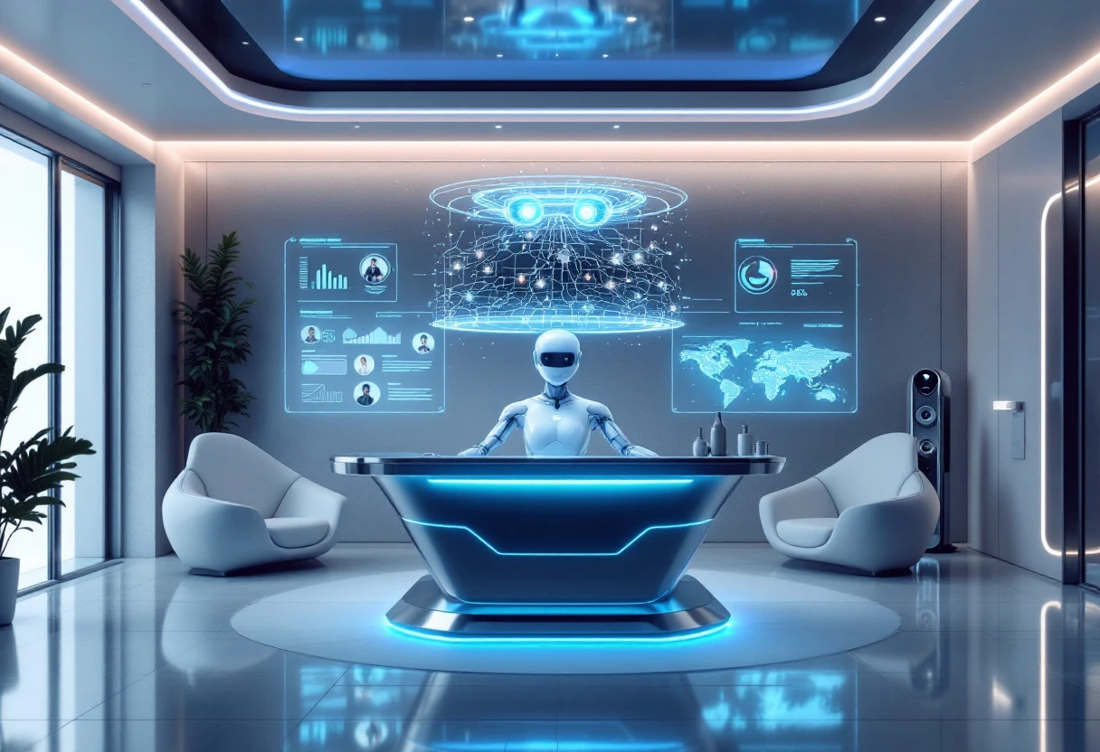An innovative office setting with a futuristic AI receptionist engaging with customers both virtually and through a phone system, exemplifying modern lead generation.