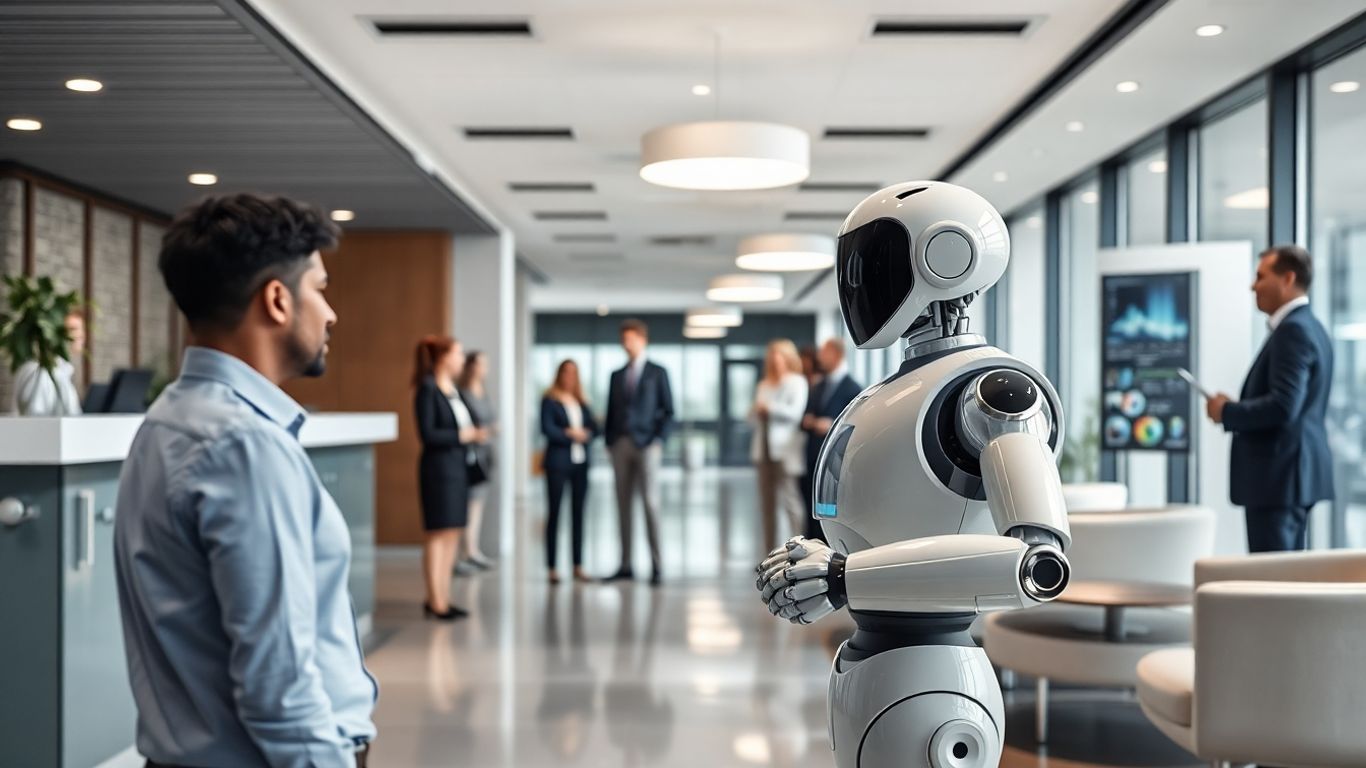 AI robot assisting visitors at a modern office reception