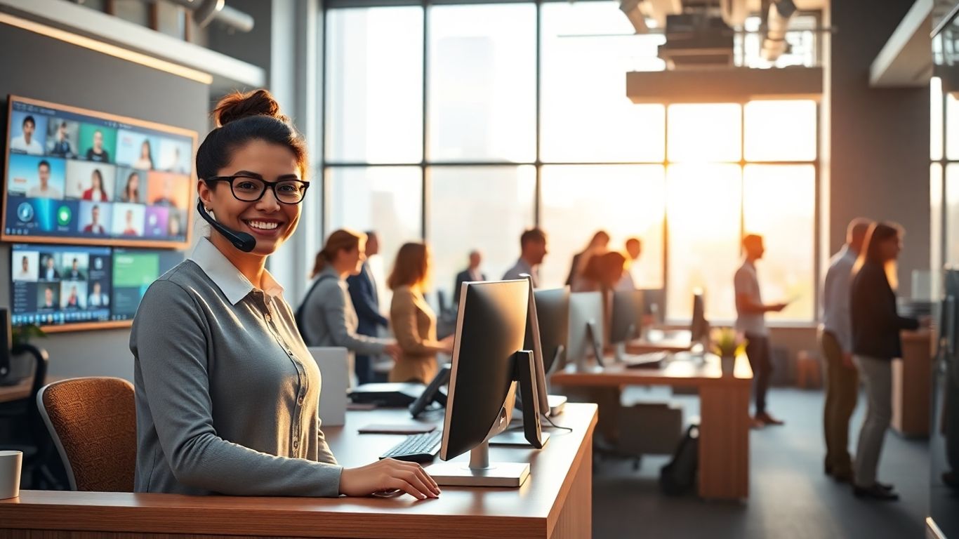 Photographic office receptionist assisting business communications