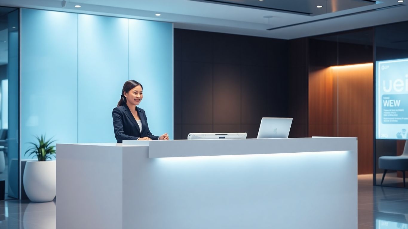 Futuristic office with virtual receptionist greeting professional