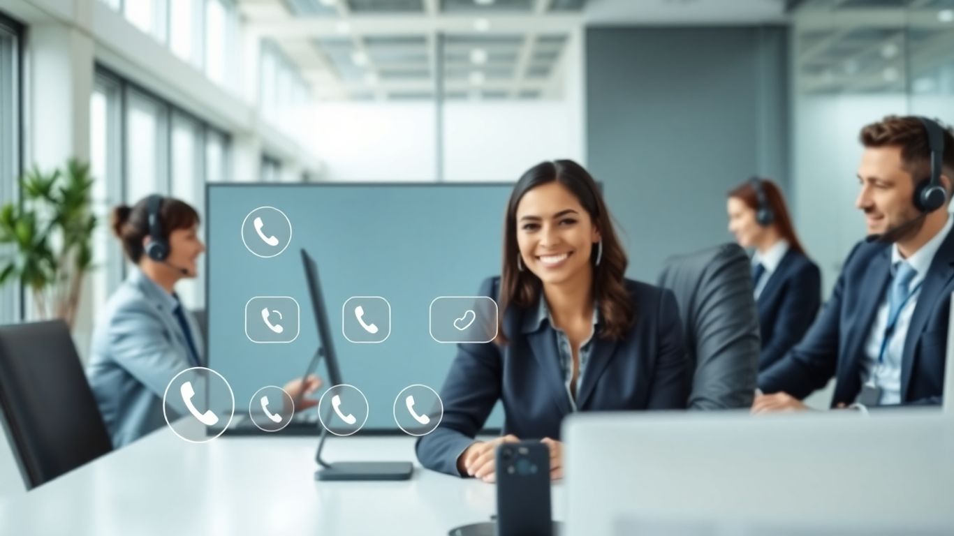 Virtual receptionist managing multiple business calls in office