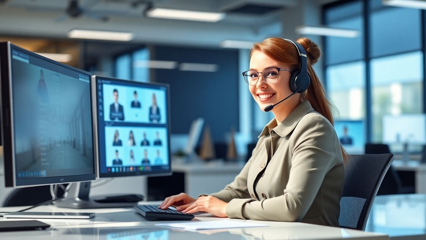 Virtual receptionist at desk with multiple computer screens