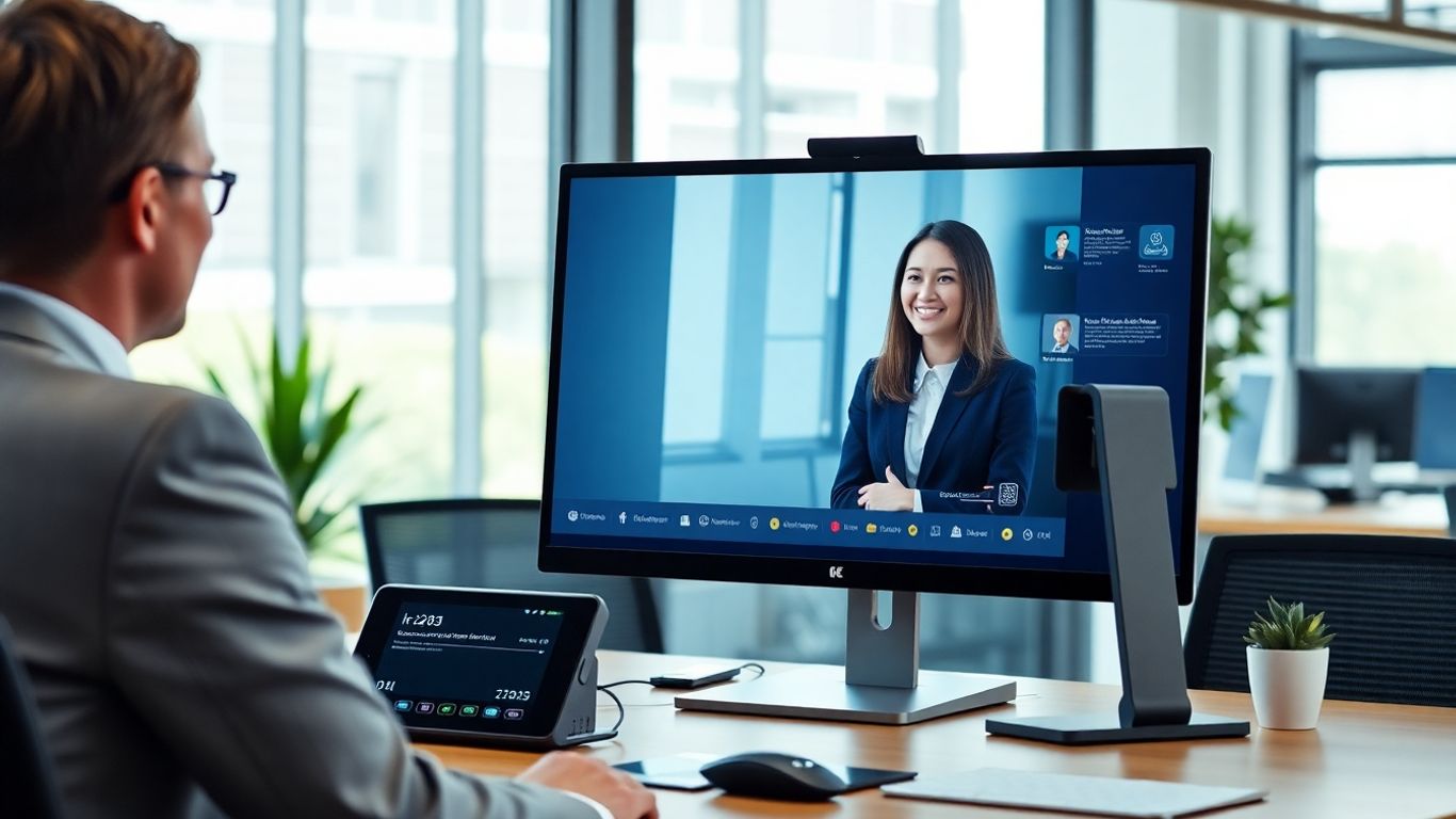 Virtual receptionist assisting businessperson in modern office setup