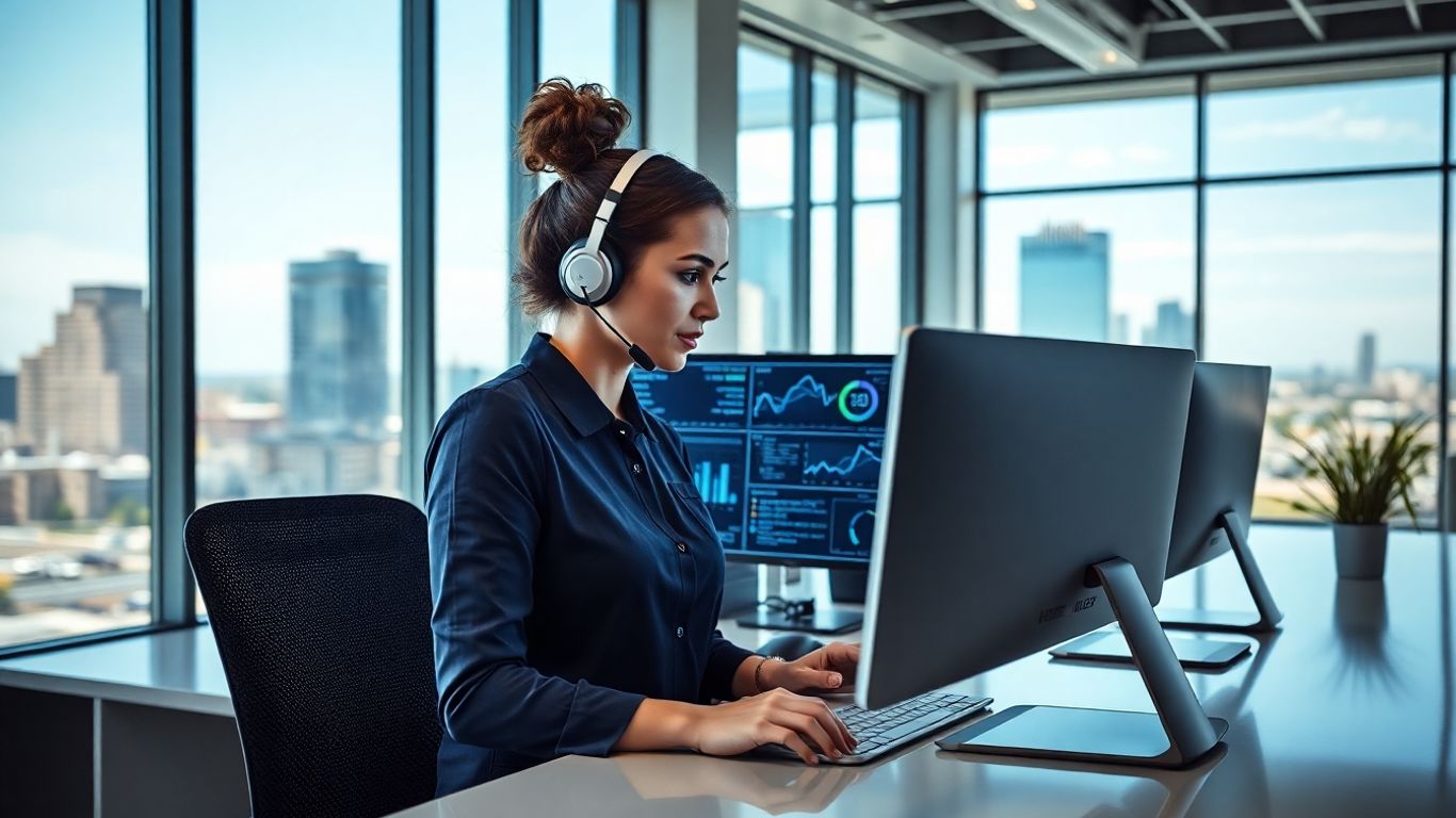 Amarillo receptionist with headset in tech-savvy office.