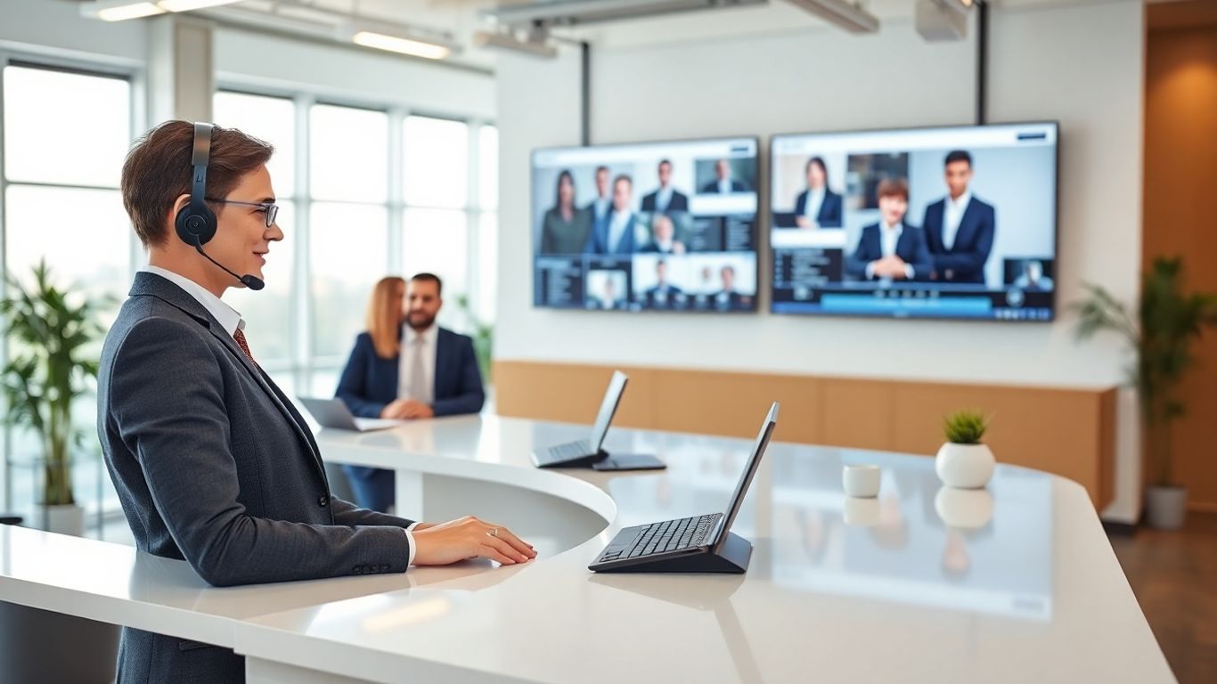 Receptionist with headset in modern tech office environment
