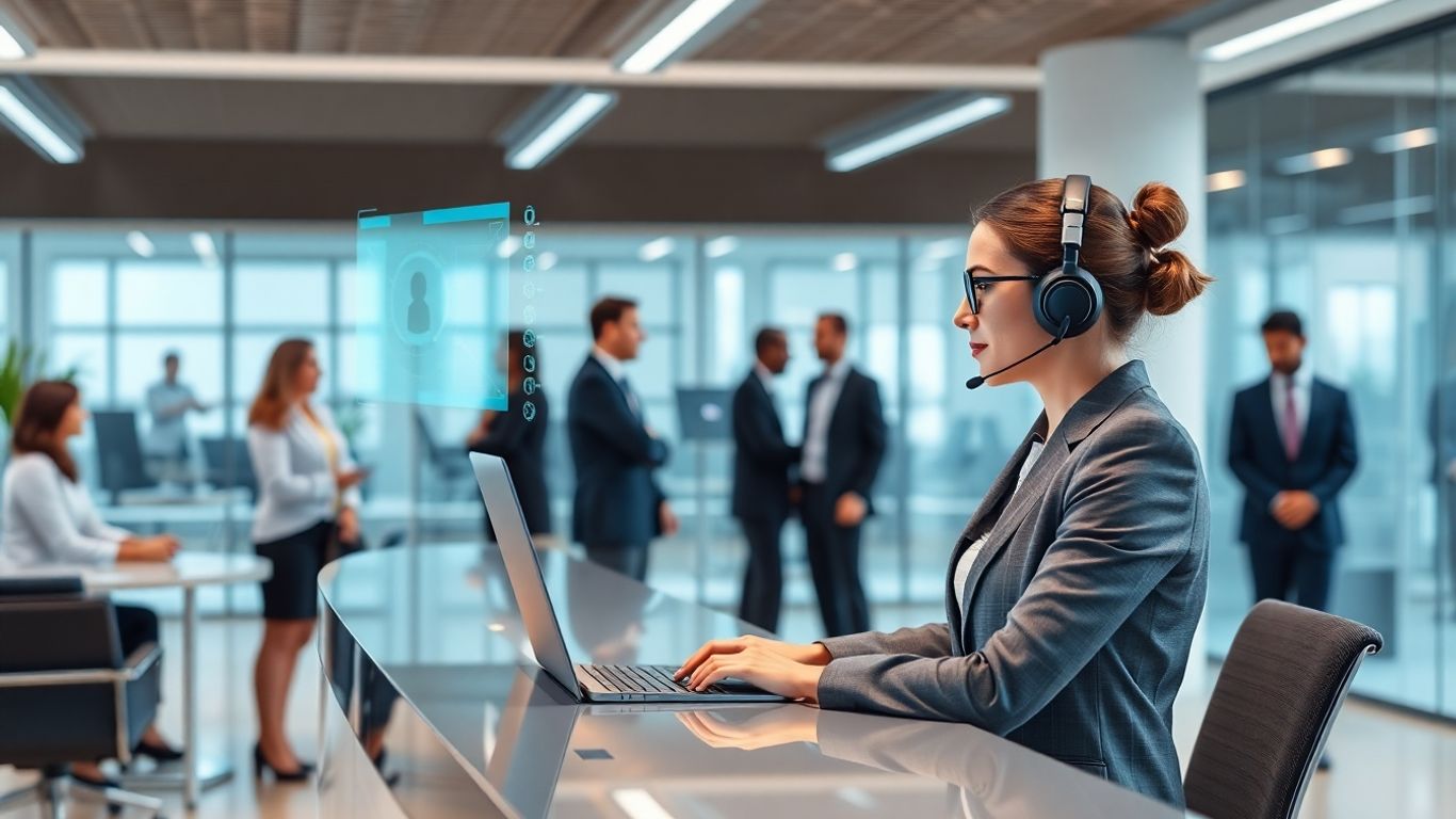 AI receptionist assisting business professionals in modern office