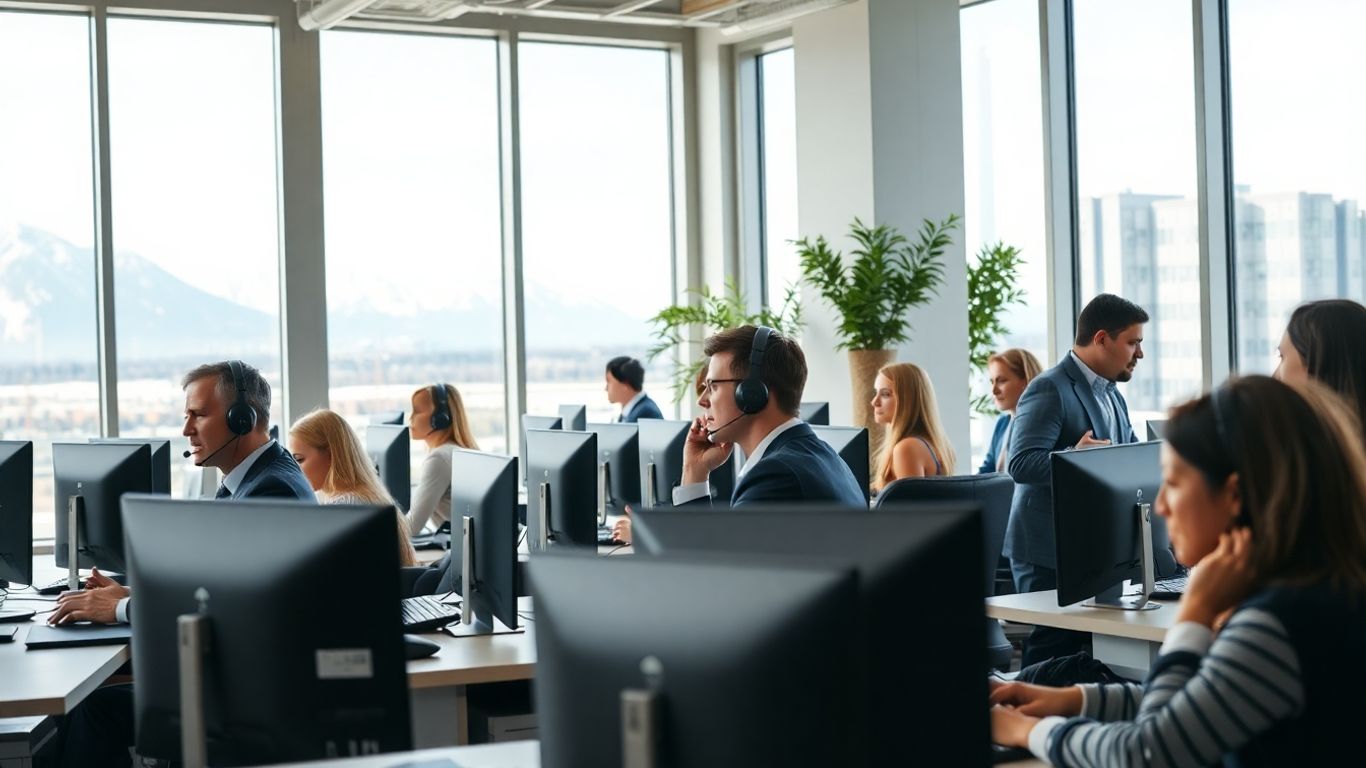 Anchorage office staff using phones with city view