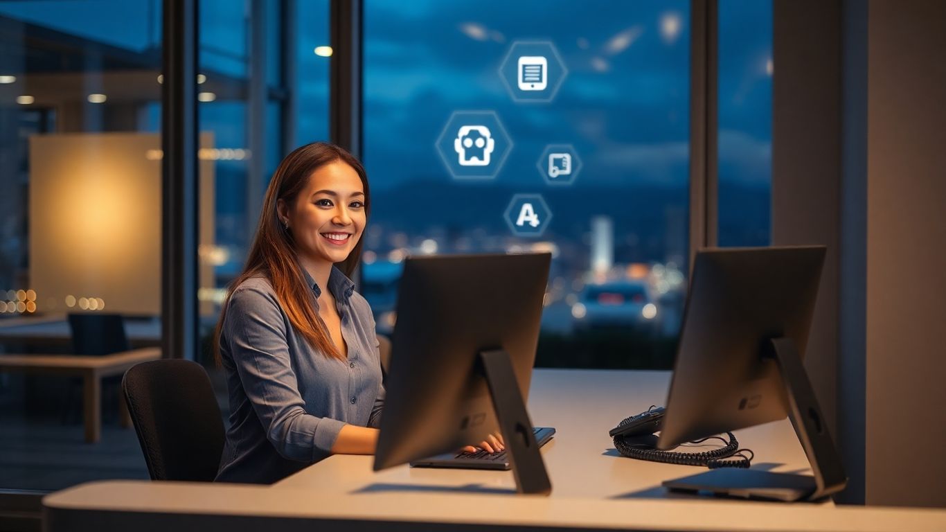 Receptionist in Anchorage office with AI interface at night