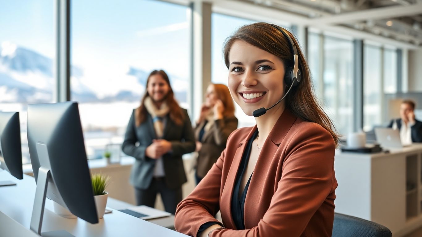 Receptionist answering phone in modern Anchorage office