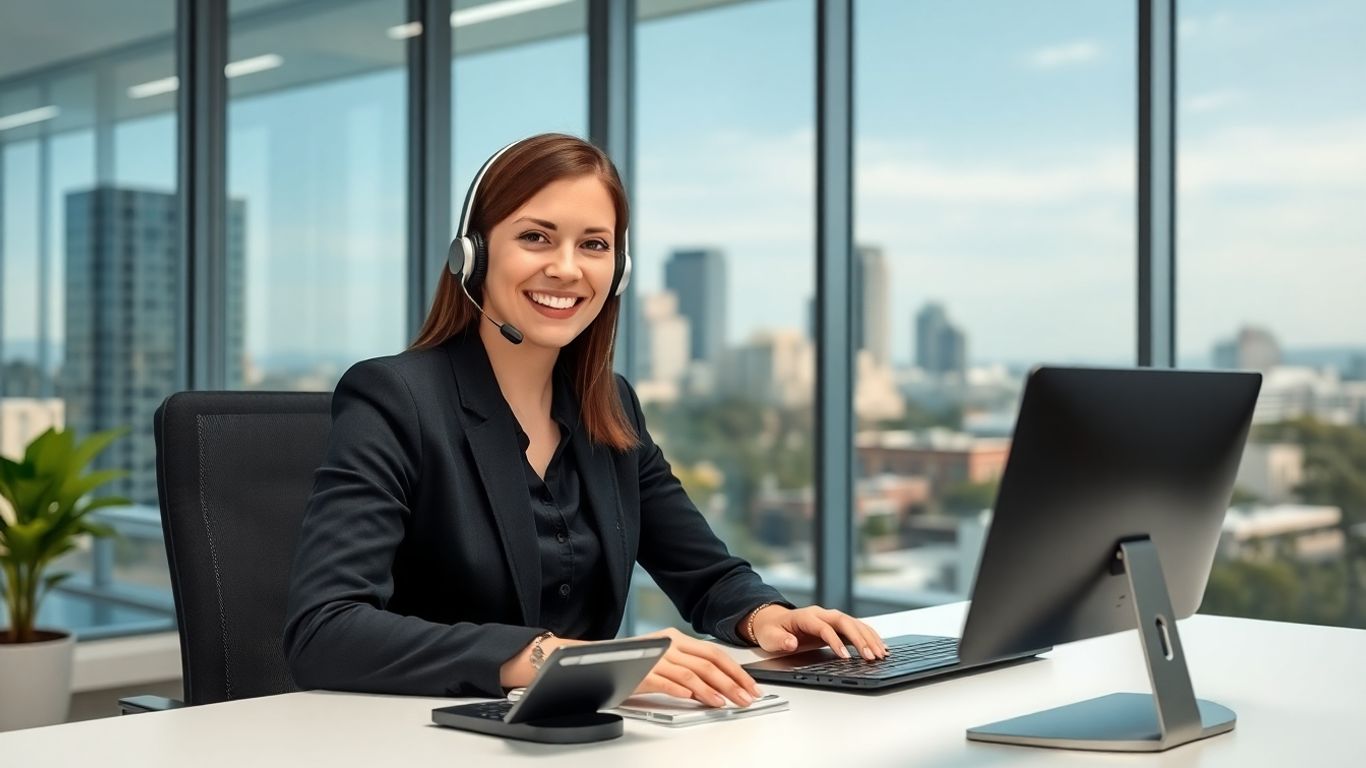 Smiling receptionist with headset in bright Arlington office