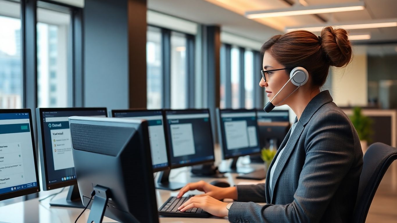 Receptionist managing voicemail in a modern Atlanta office