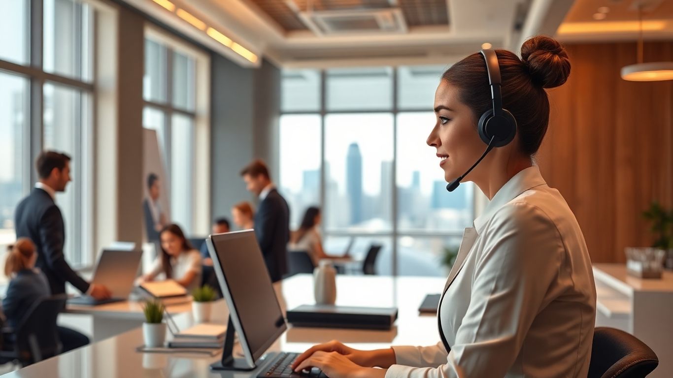 Receptionist answers phone in Atlanta office with city skyline.