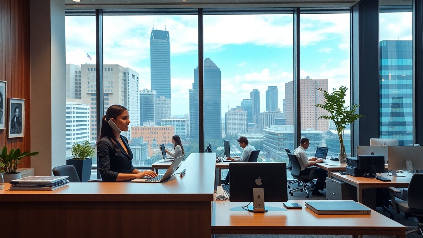 Receptionist at Atlanta office desk answering business calls