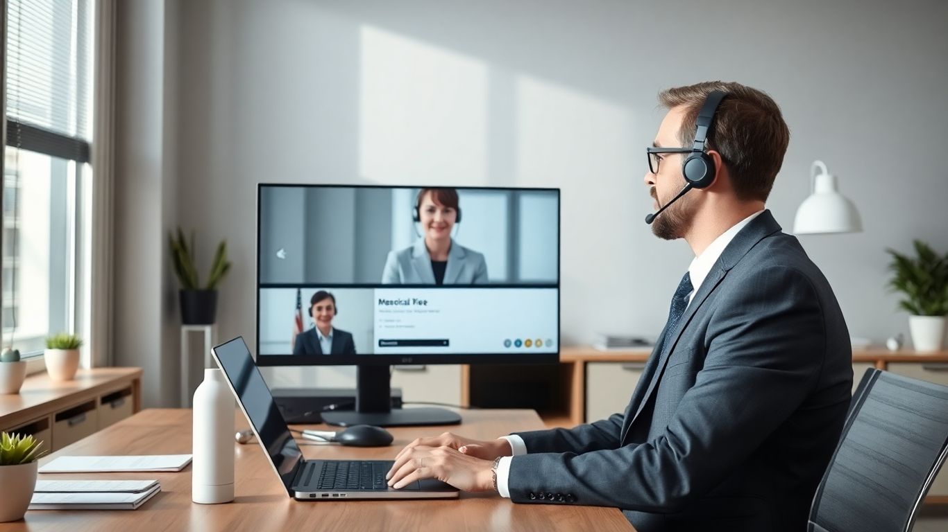 Attorney video chatting with virtual receptionist in office.