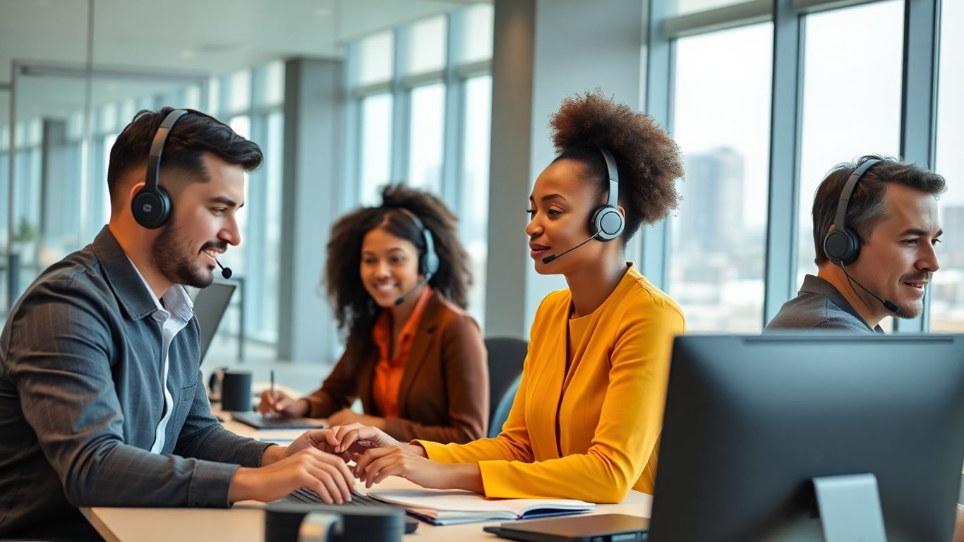 Business team in Augusta office using headsets