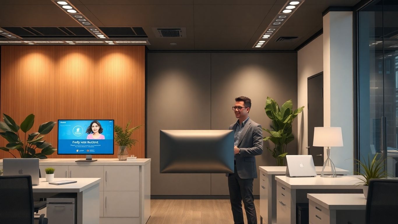 Business owner interacts with virtual receptionist in office