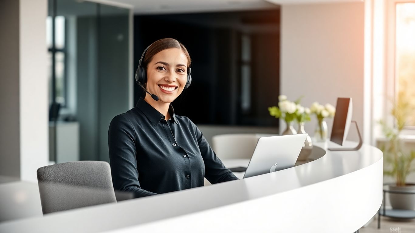 Receptionist with headset in bright modern small business office.