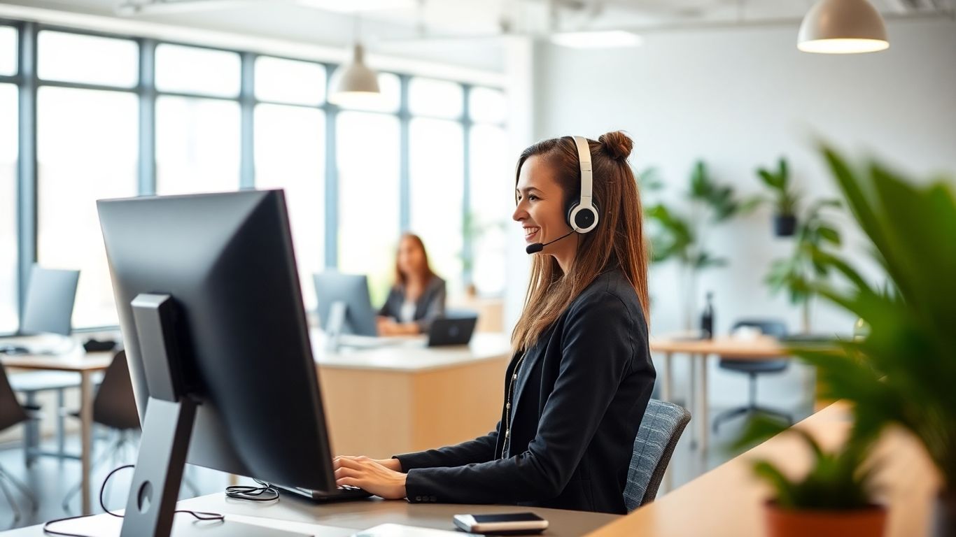 Virtual receptionist managing multiple phone calls in office