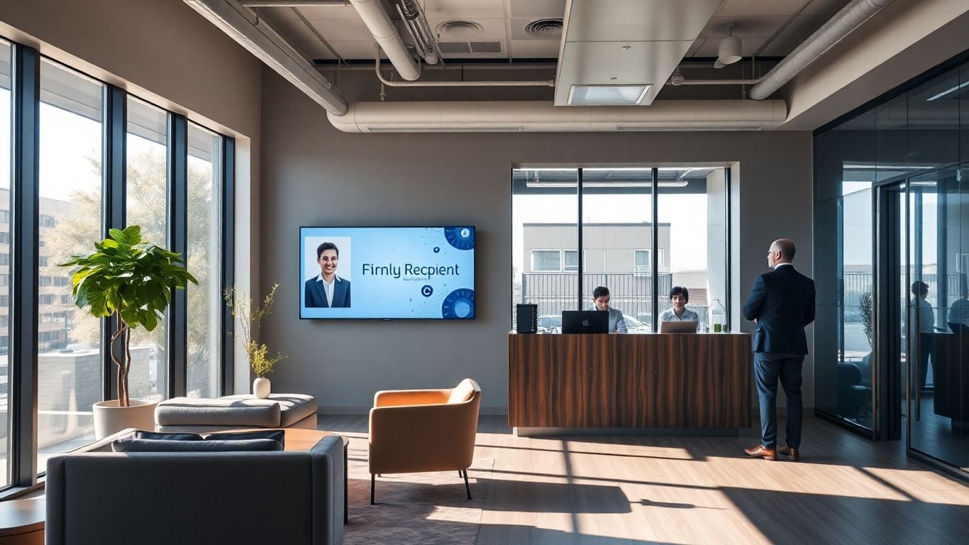 Modern office with virtual receptionist greeting a business visitor.