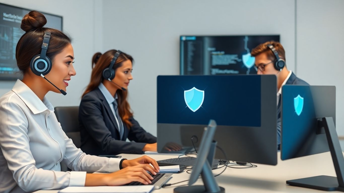 Office professionals using headsets in a secure setting