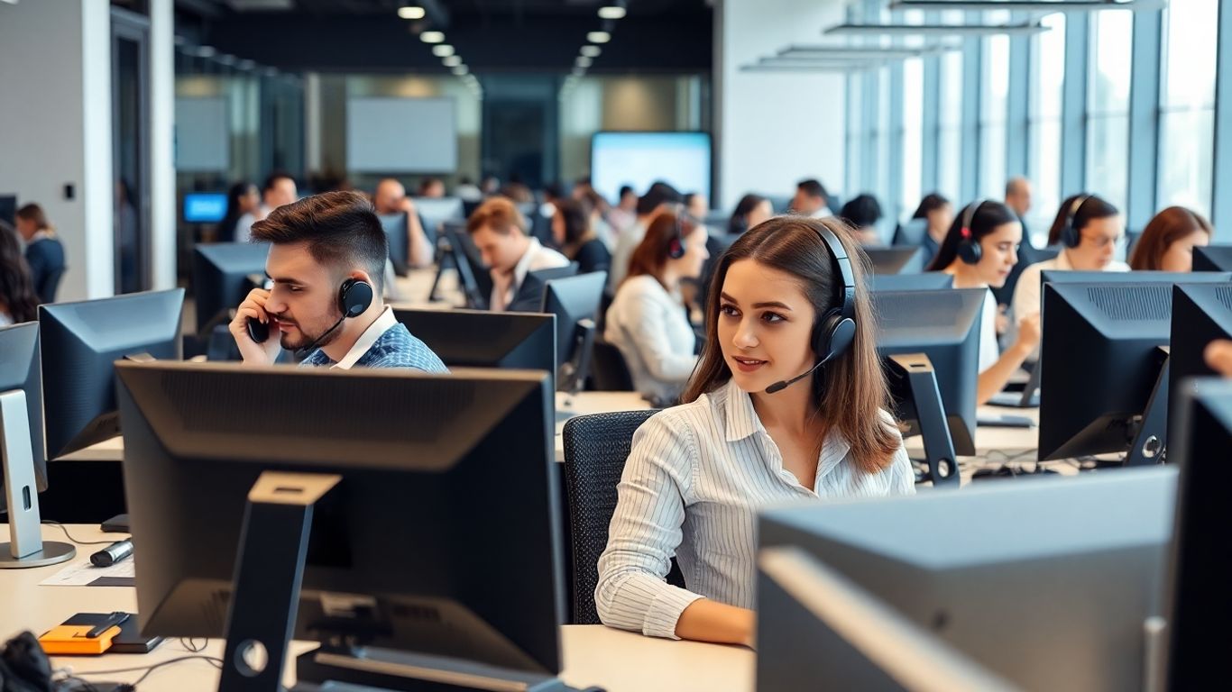 Office staff with headsets managing many calls efficiently