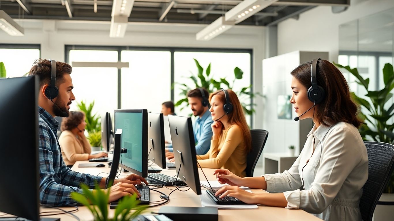 Professional call center team with advanced technology workspace