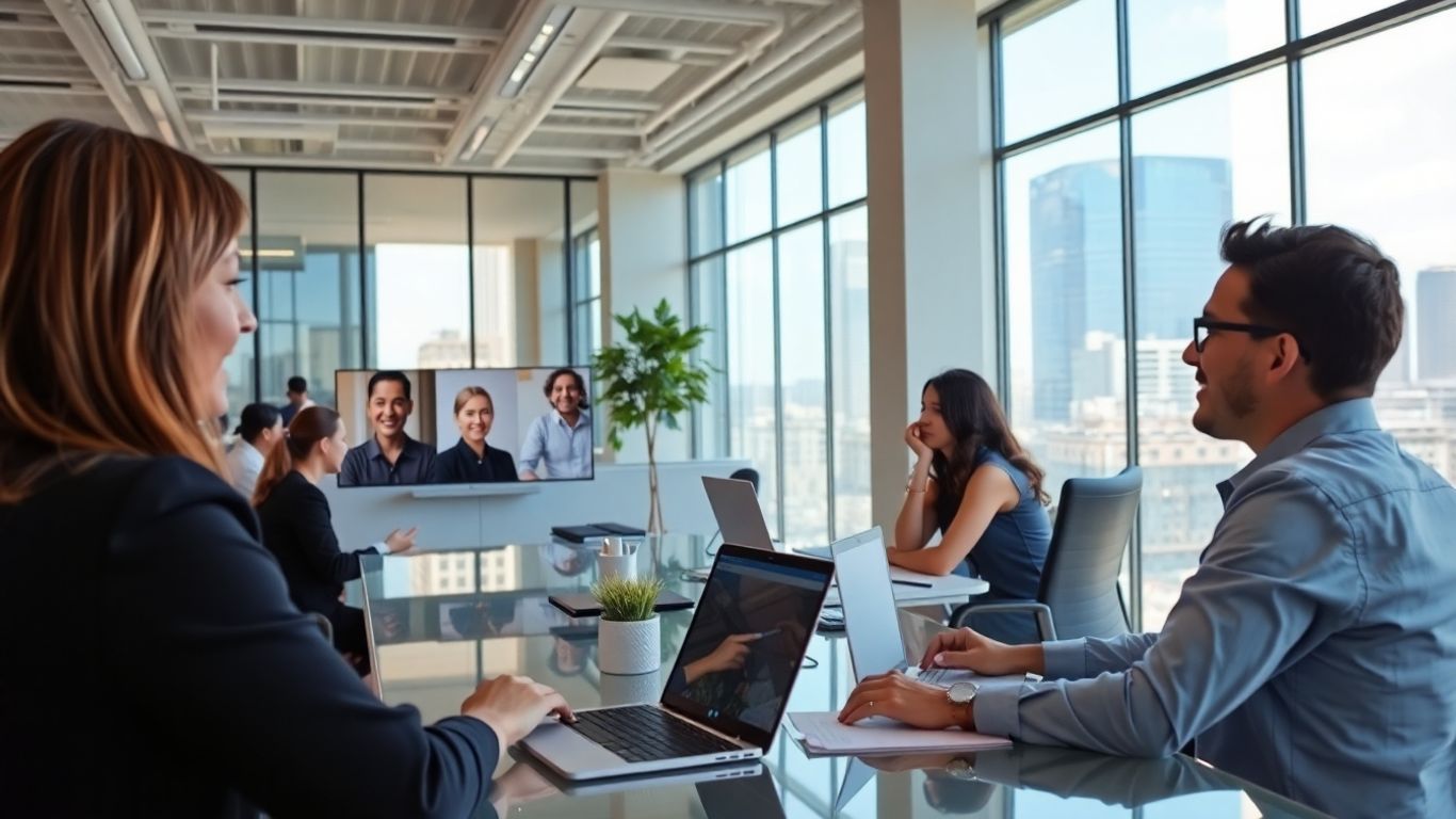 Virtual receptionist in modern El Paso office on video call