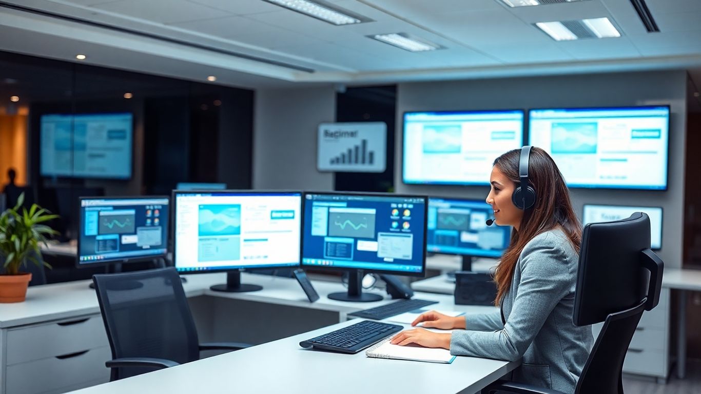 Virtual receptionist at modern office desk with computers