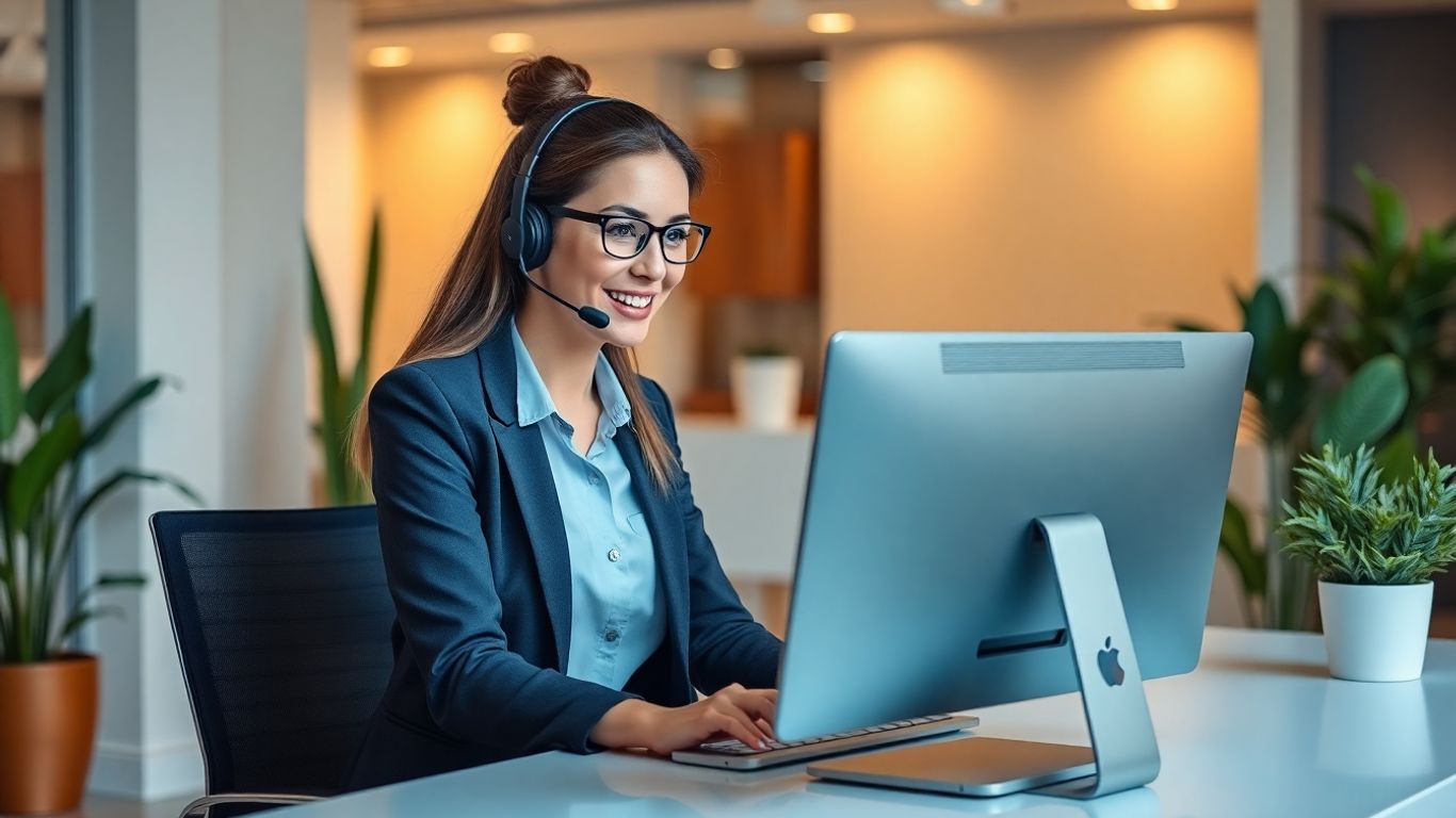 Virtual receptionist greeting client in modern Elk Grove office