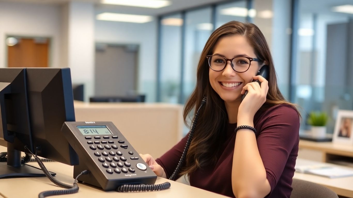 Receptionist answering phone with 814 area code visible